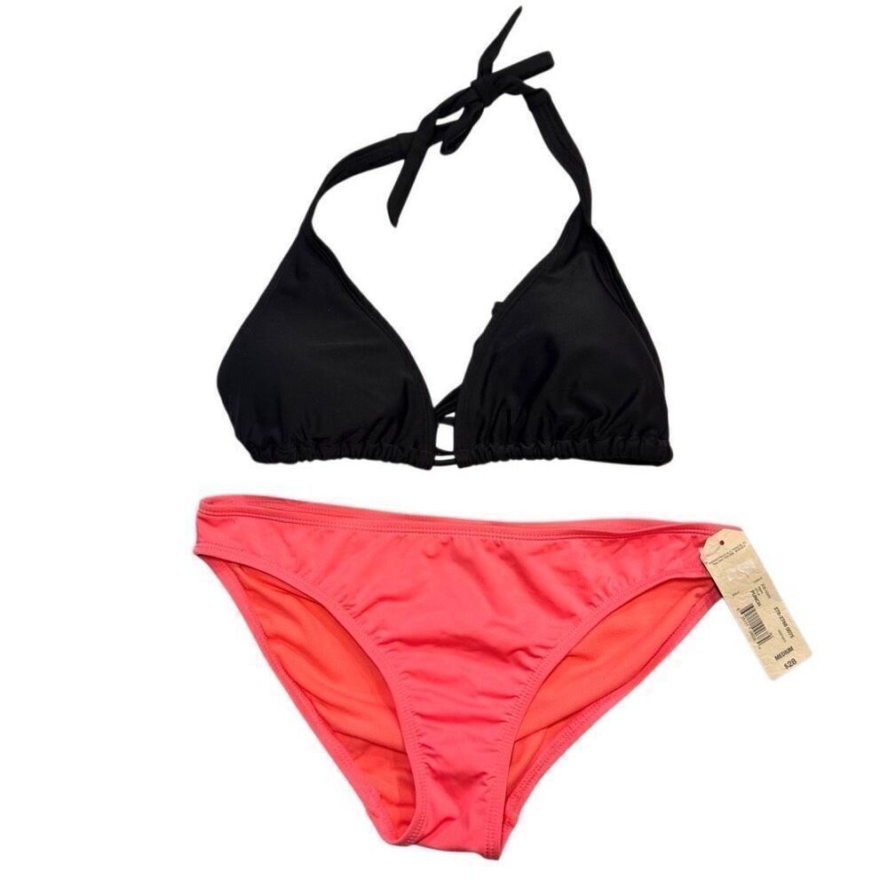 NWT Arizona Jean Co Halter Triangle Top Bikini Set 2 Piece Black Coral Medium